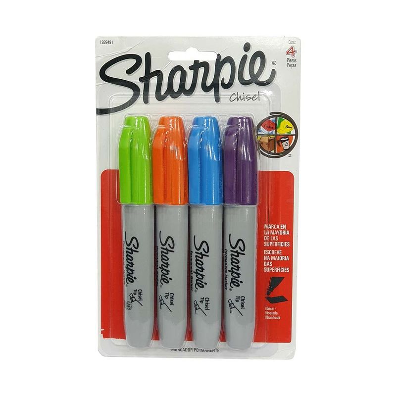 SHARPIE - Marcador Sharpie 4 Colores Punta Biselada Permanente