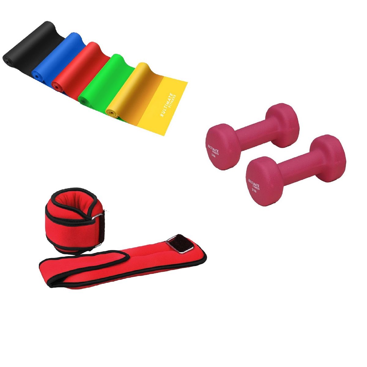 ULTIMATE FITNESS - 5 BANDAS ELÁSTICAS + MANCUERNAS NEO 2 KG + PESAS T/M 0.5 KG