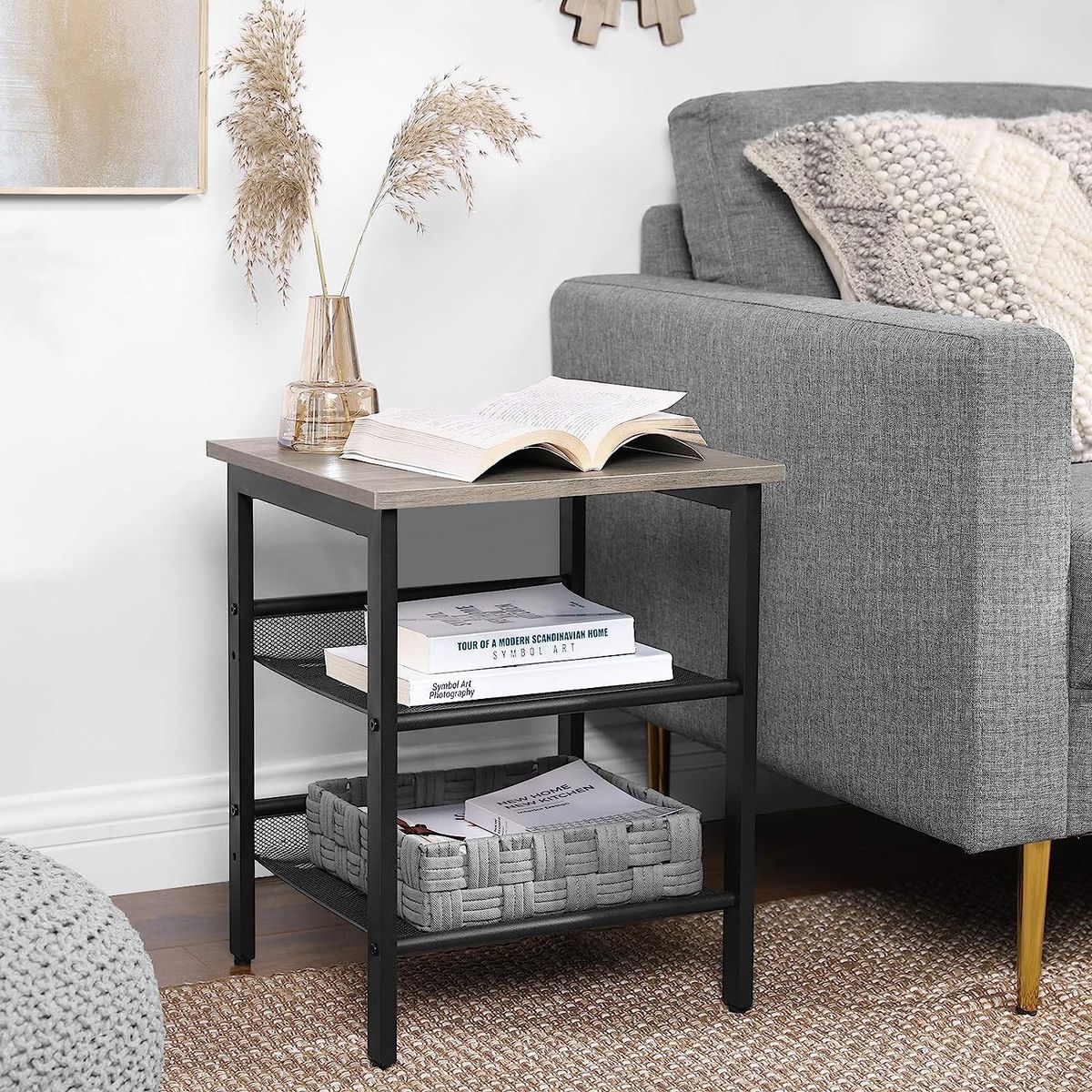 VASAGLE - Mesa Lateral doble estante gris regulable