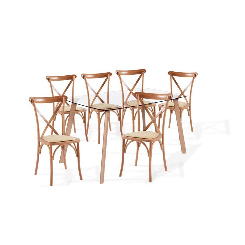 KLIK - Comedor mesa de vidrio nórdica 140x90 cm + 6 sillas Crossback Madera