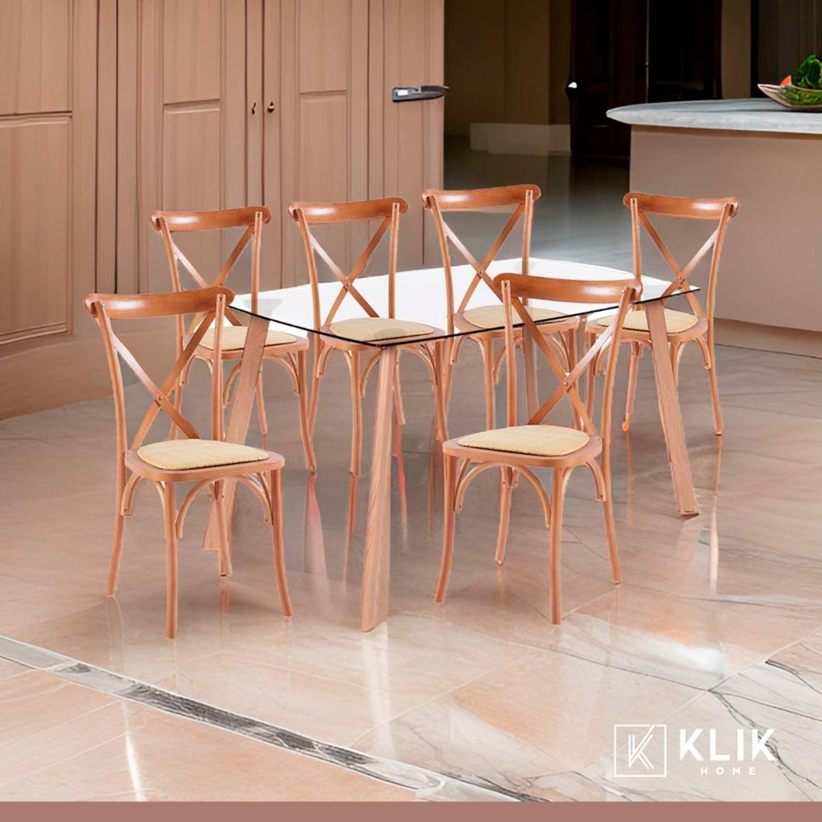 KLIK - Comedor mesa de vidrio nórdica 140x90 cm + 6 sillas Crossback Madera