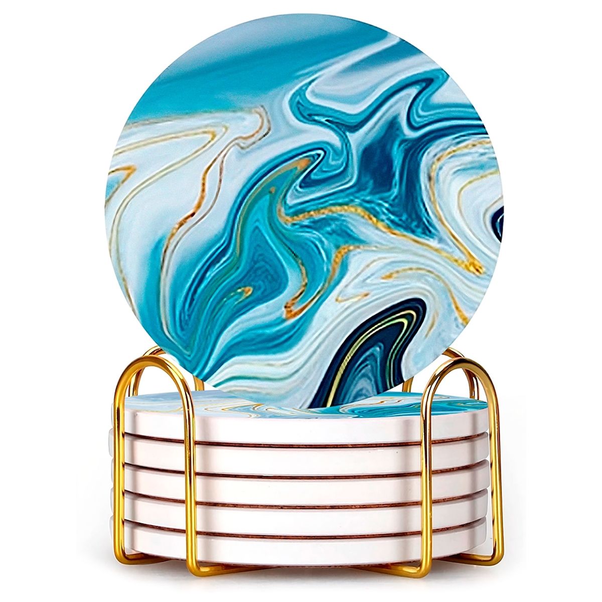 GENERICO - Set 6 Posavasos De Cerámica Con Soporte Dorado - Diseño Marino