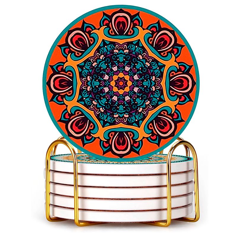 GENERICO - Set 6 Posavasos De Cerámica Con Soporte Dorado - Diseño Mandalas 1