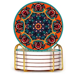 GENERICO - Set 6 Posavasos De Cerámica Con Soporte Dorado - Diseño Mandalas 1