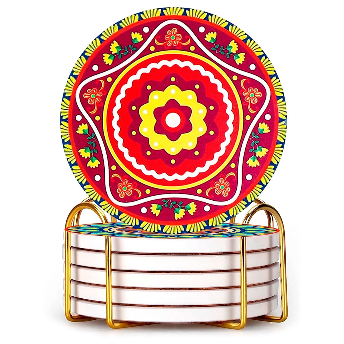 GENERICO - Set 6 Posavasos De Cerámica Con Soporte Dorado - Diseño Mandalas 2