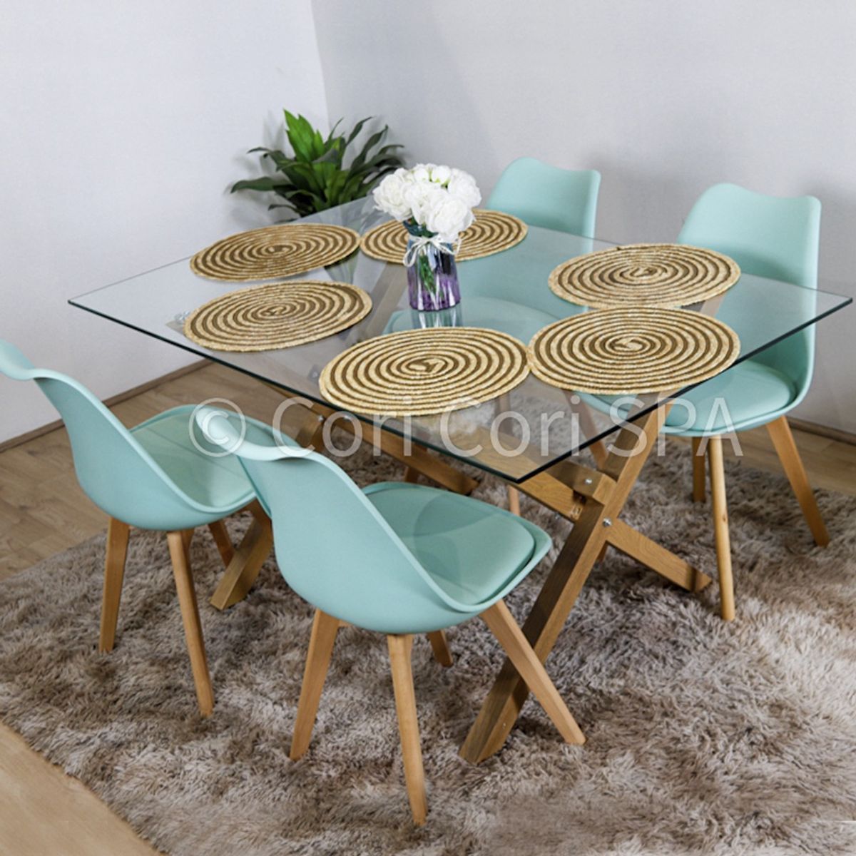CORI CORI - Juego de Comedor Mesa Medlock Vidrio 140x90 cm + 4 Sillas Tulip Menta