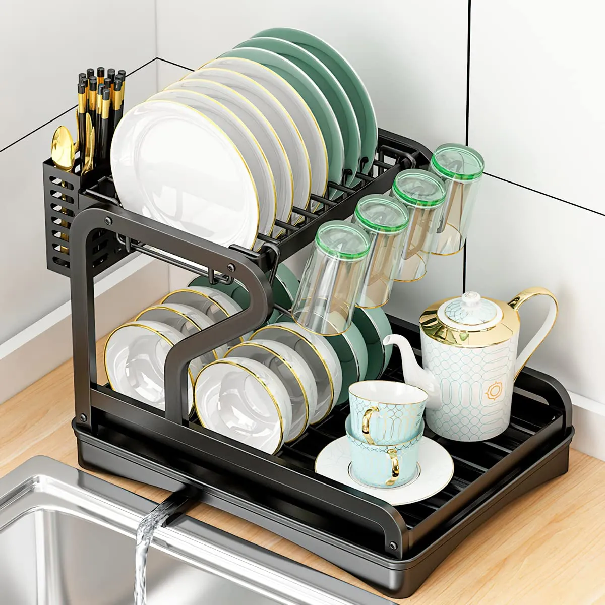 AIZO - Secador Escurridor de Loza Platos y Vasos 2 Niveles con Drenaje Automático y Accesorios Modernos