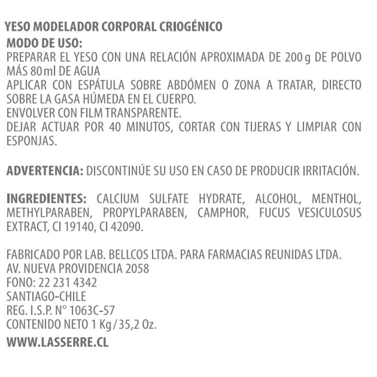 LASSERRE COSMETIQUE - Yeso Modelador Corporal Criogénico 1 kg Lasserre Cosmétique
