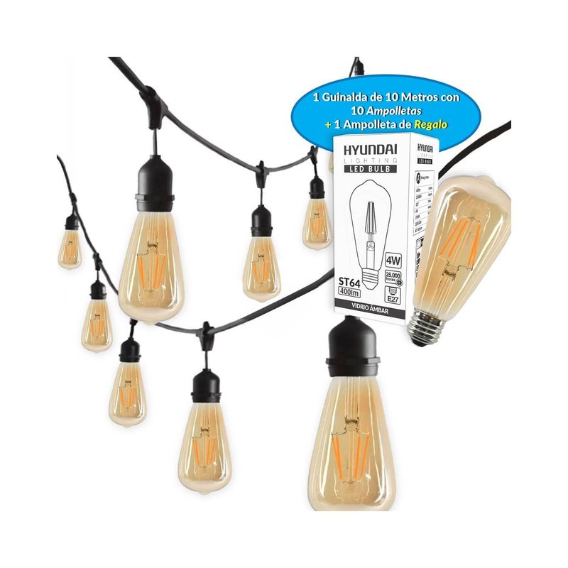 HYUNDAI LIGHTING - Guirnalda 10 Metros Impermeable + 10 Ampolletas HYUNDAI LIGHTING