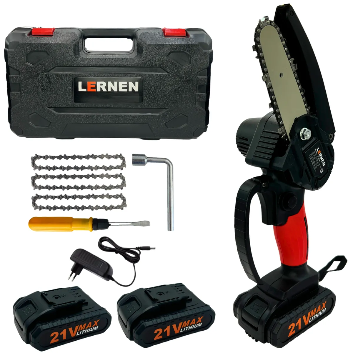 LERNEN - Motosierra Podadora Eléctrica + 3 Cadenas + 2 Baterías