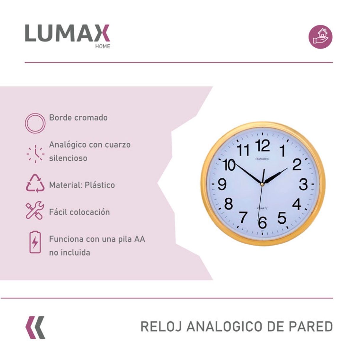 LUMAX - Reloj Analogico de Pared con Borde Cromado Dorado 30 cm