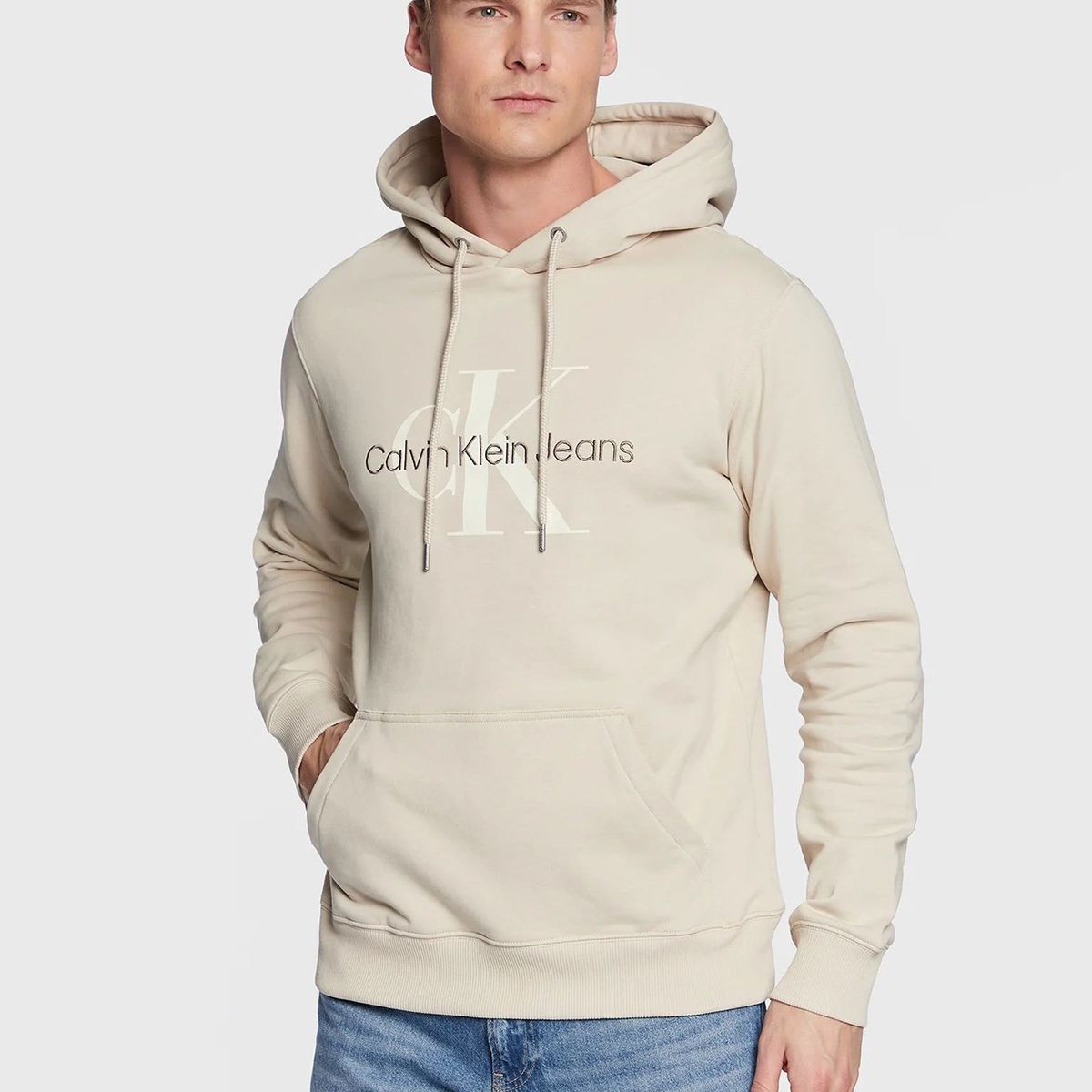 CALVIN KLEIN - Sudadera de algodón orgánico con capucha y monograma Beige Calvin Klein