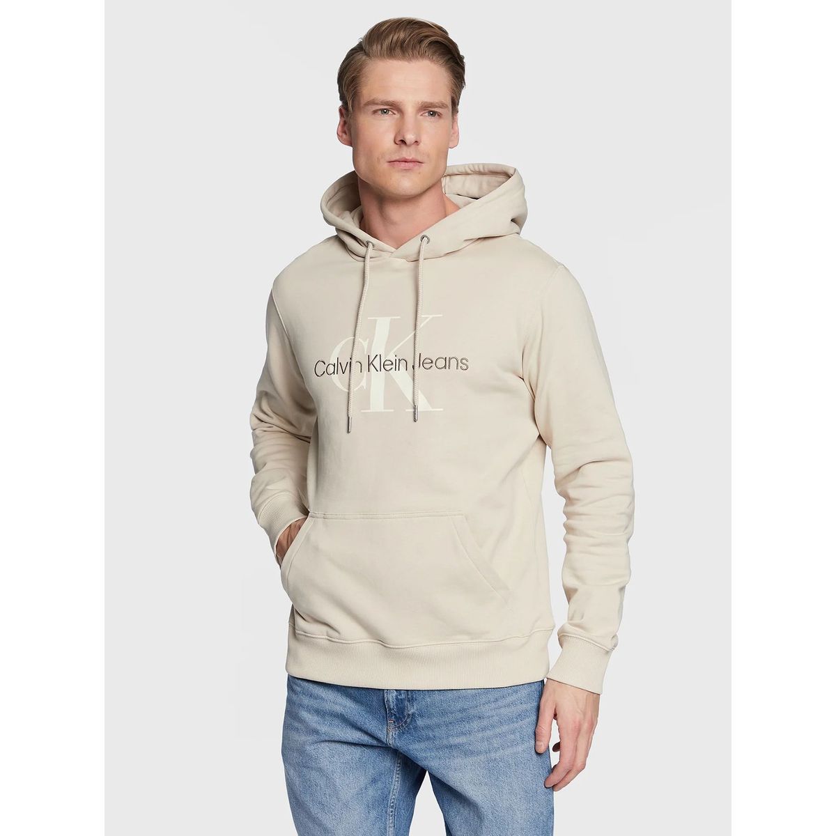 CALVIN KLEIN - Sudadera de algodón orgánico con capucha y monograma Beige Calvin Klein