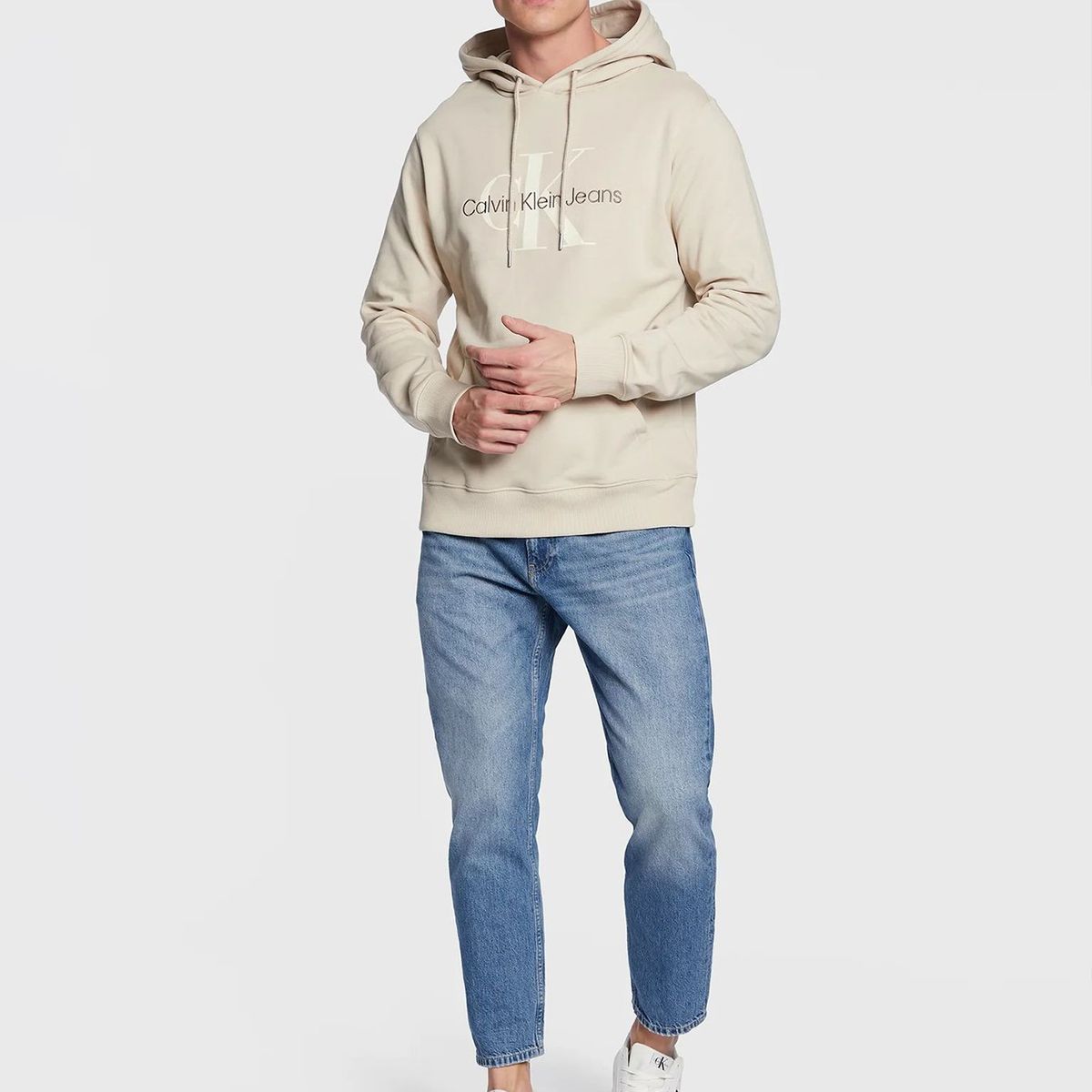 CALVIN KLEIN - Sudadera de algodón orgánico con capucha y monograma Beige Calvin Klein