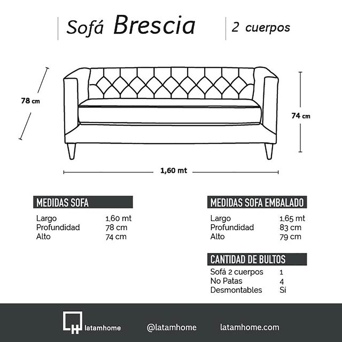 LATAM HOME - Sofá Brescia 2 Cuerpos Tela Velvet Vivian Café