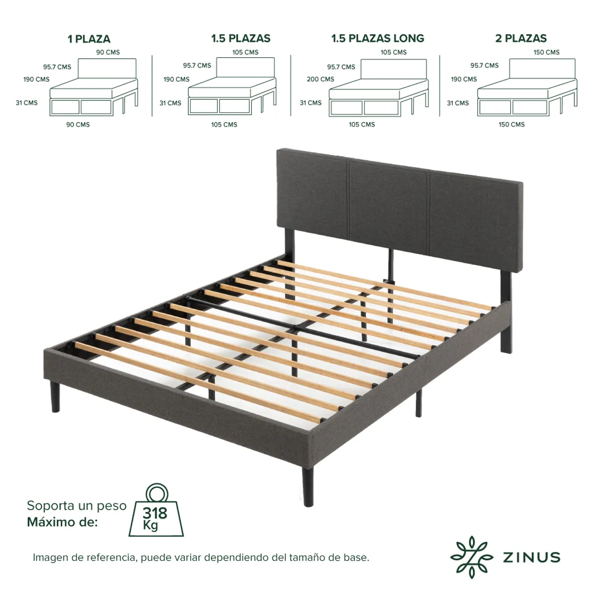 ZINUS - Base cama CAMBRIL respaldo Zinus 2 Plazas Long 150x200x30cm