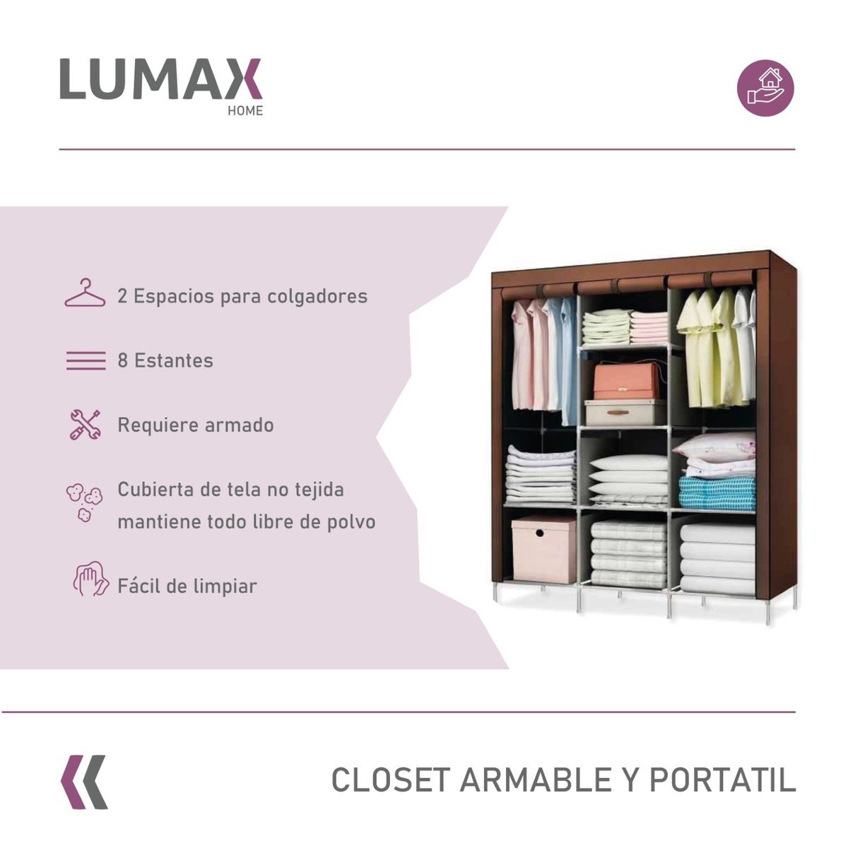 LUMAX - Closet Armable y Portatil de Tela 150x45x175 cm Color Cafe