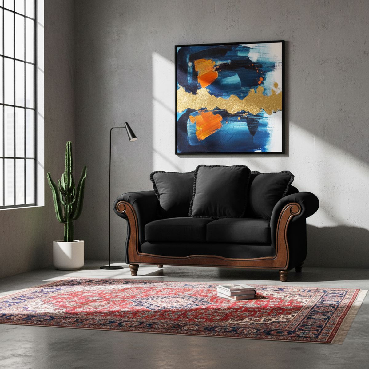 LATAM HOME - Sofá Rimini 2 Cuerpos Tela Velvet Negro