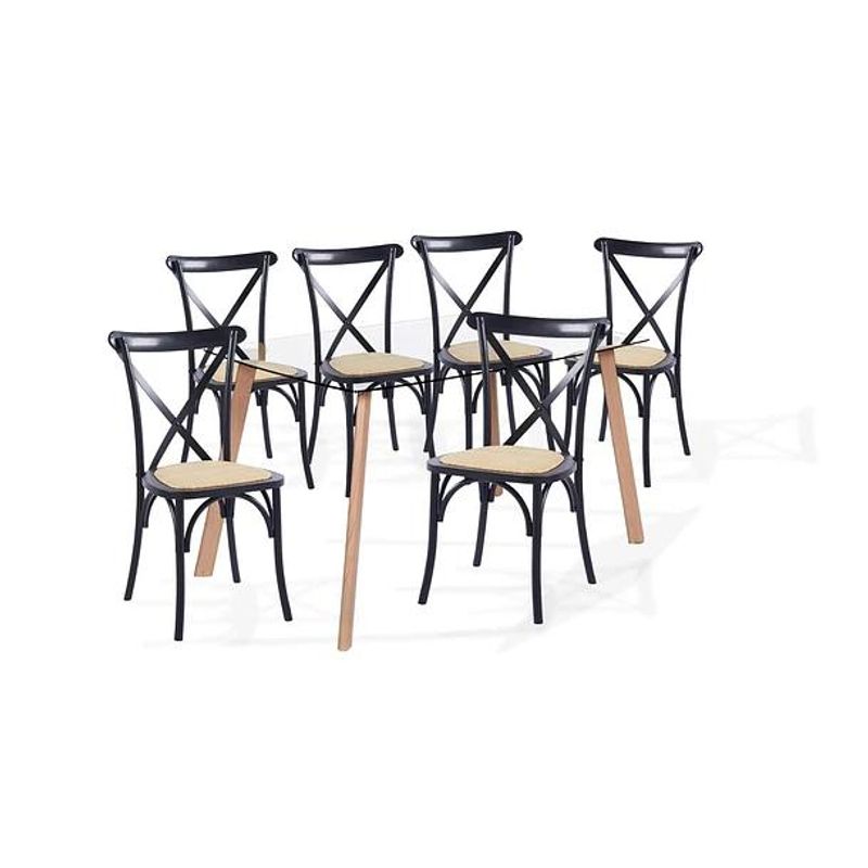 KLIK - Comedor Mesa de Vidrio Nórdica 140x90cm + 6 sillas Crossback Madera Negras KLIK