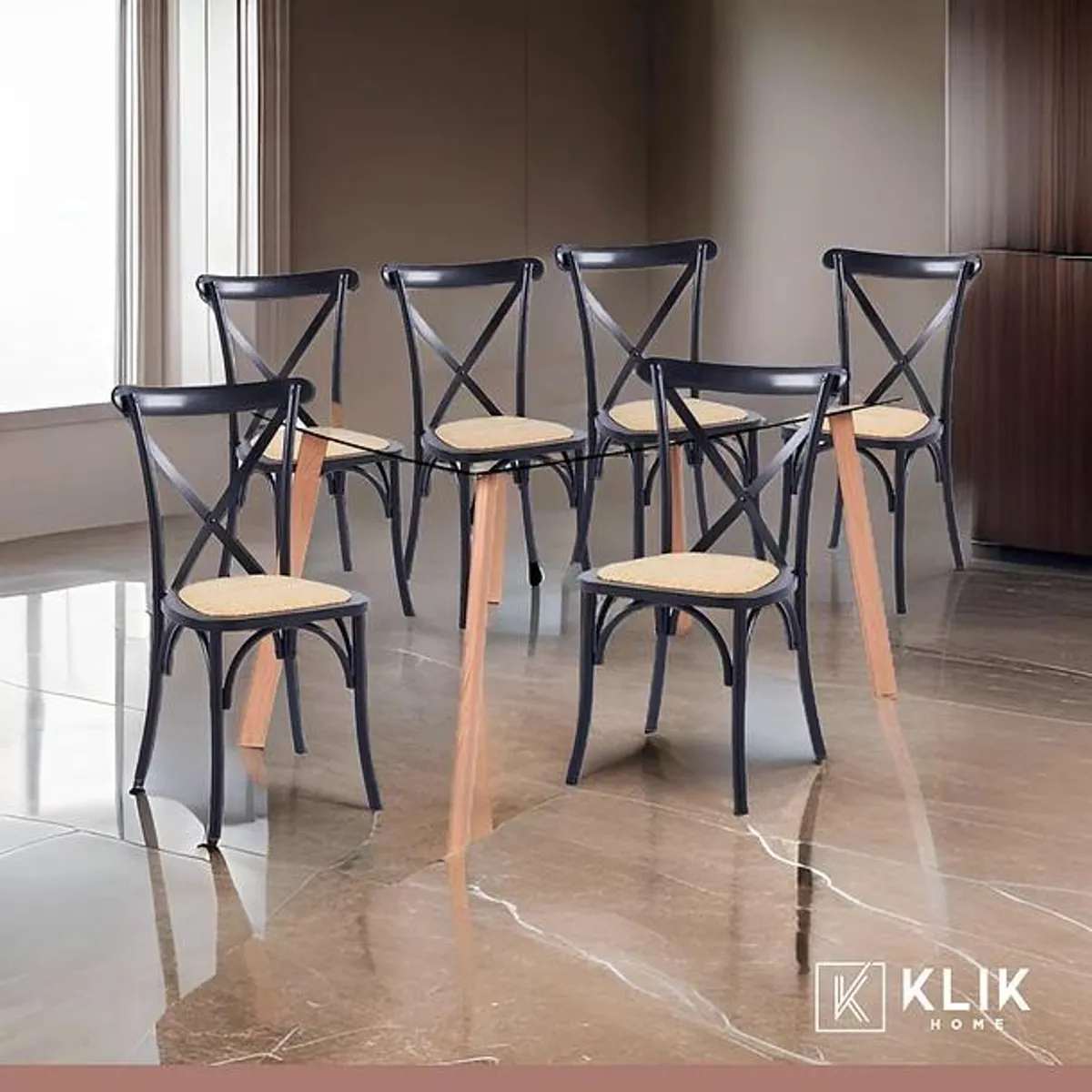 KLIK - Comedor Mesa de Vidrio Nórdica 140x90cm + 6 sillas Crossback Madera Negras KLIK