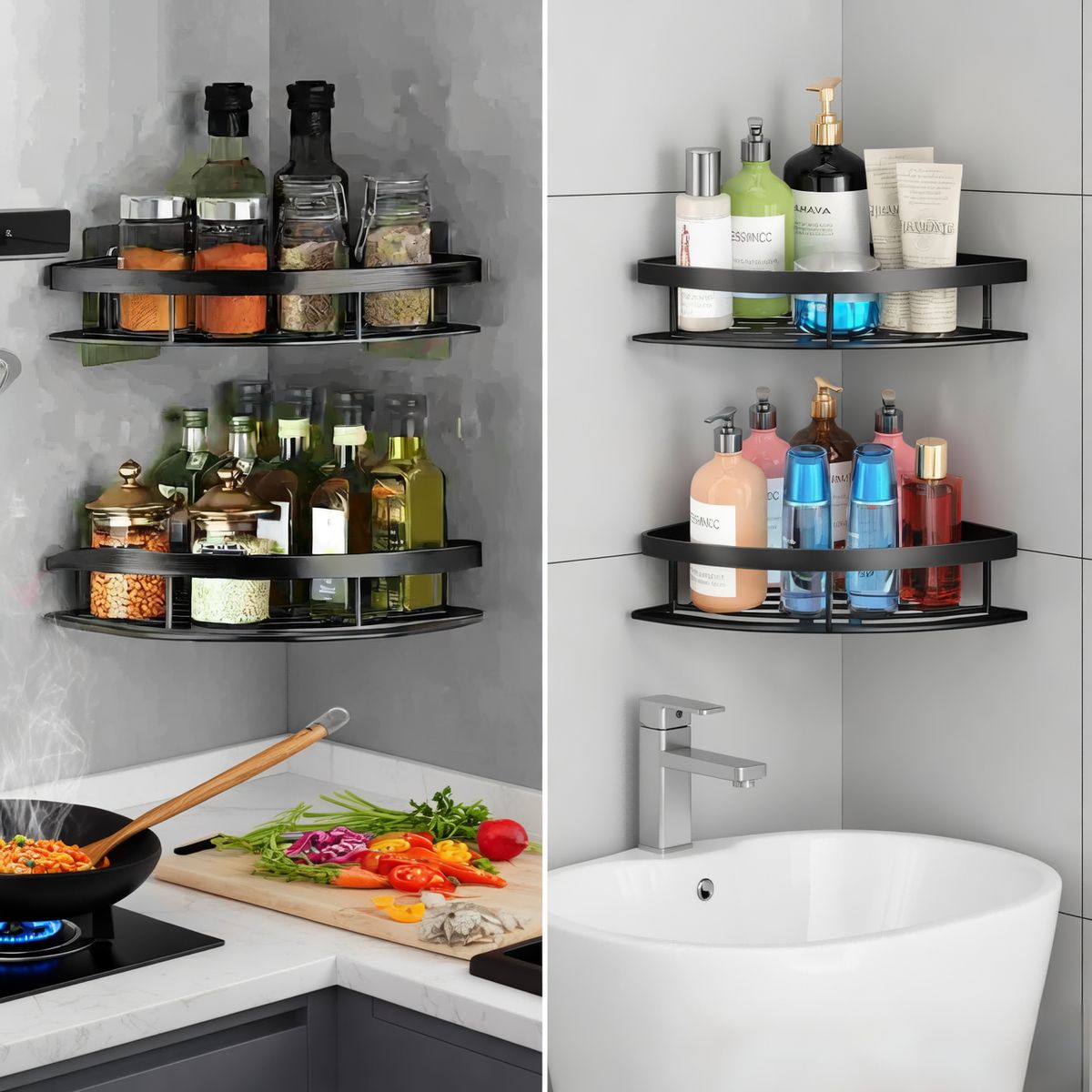 AIZO - Negro Esquinero Organizador Ducha Baño  Estante Set 2 Pcs