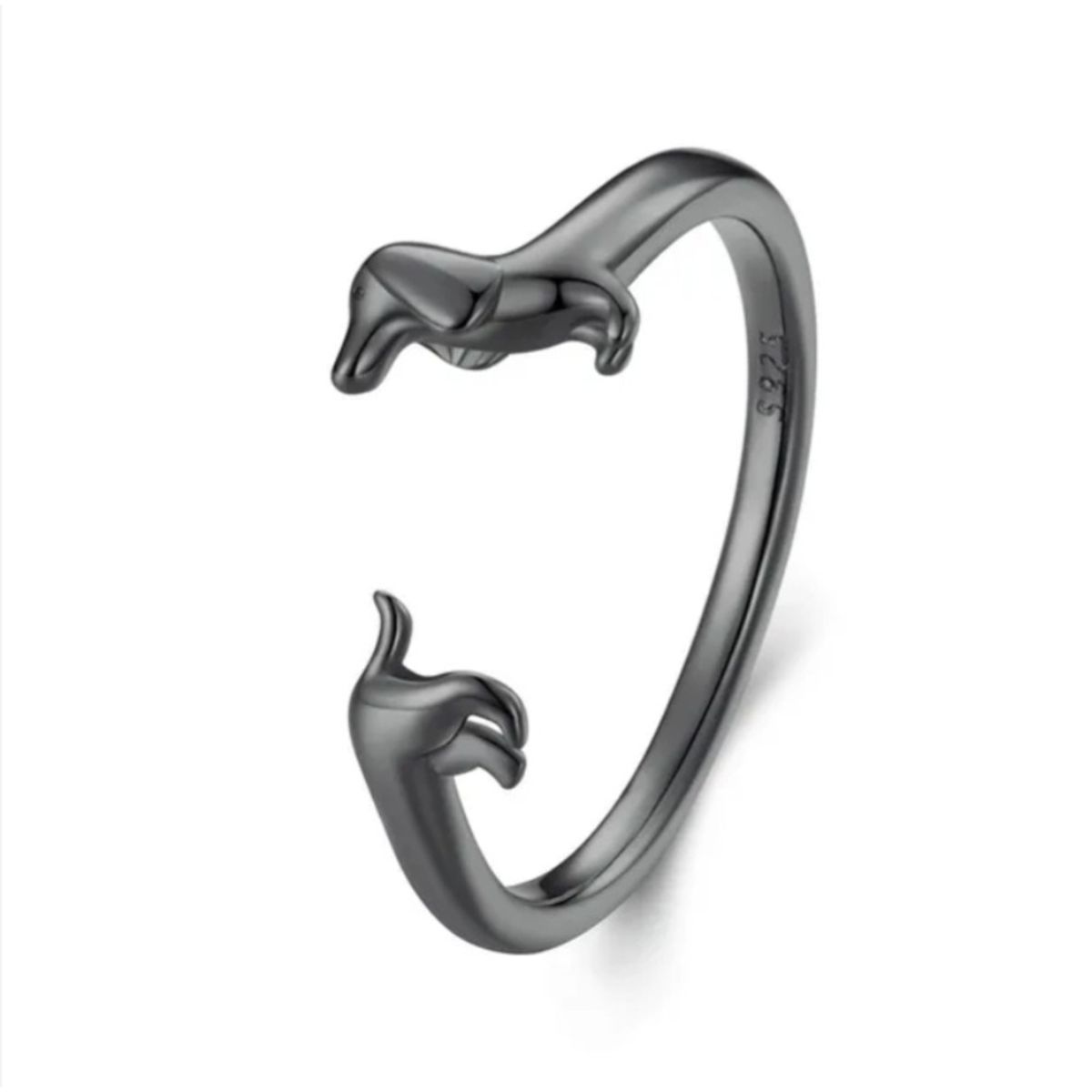 GENERICO - Anillo perro salchicha dachshund plata 925 negro ajustable mujer joya