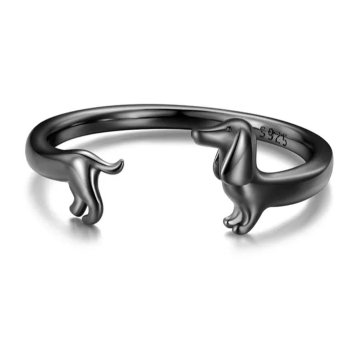 GENERICO - Anillo perro salchicha dachshund plata 925 negro ajustable mujer joya