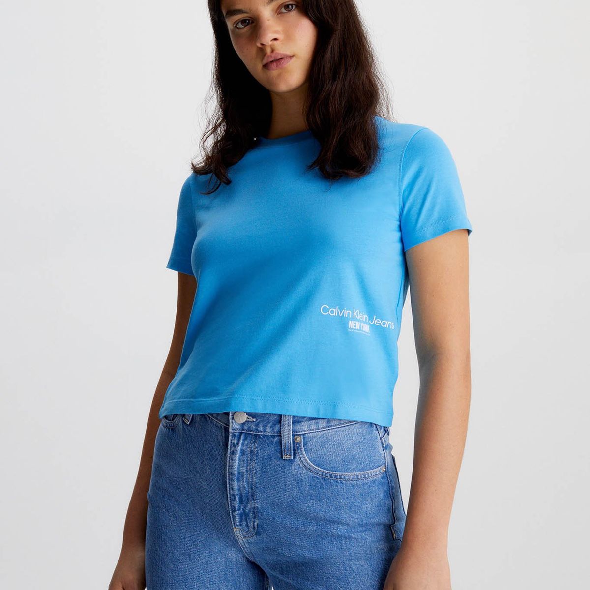 CALVIN KLEIN - Camiseta Cropped con logo Celeste Calvin Klein