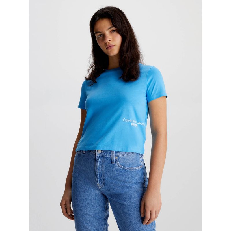 CALVIN KLEIN - Camiseta Cropped con logo Celeste Calvin Klein