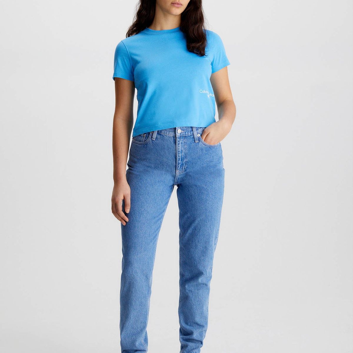 CALVIN KLEIN - Camiseta Cropped con logo Celeste Calvin Klein