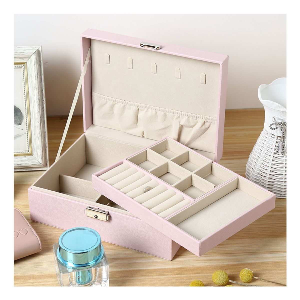 ZG JOYAS - Maletin Joyero 2 Niveles Organizador Joyas Estuche Exhibidor Rosado