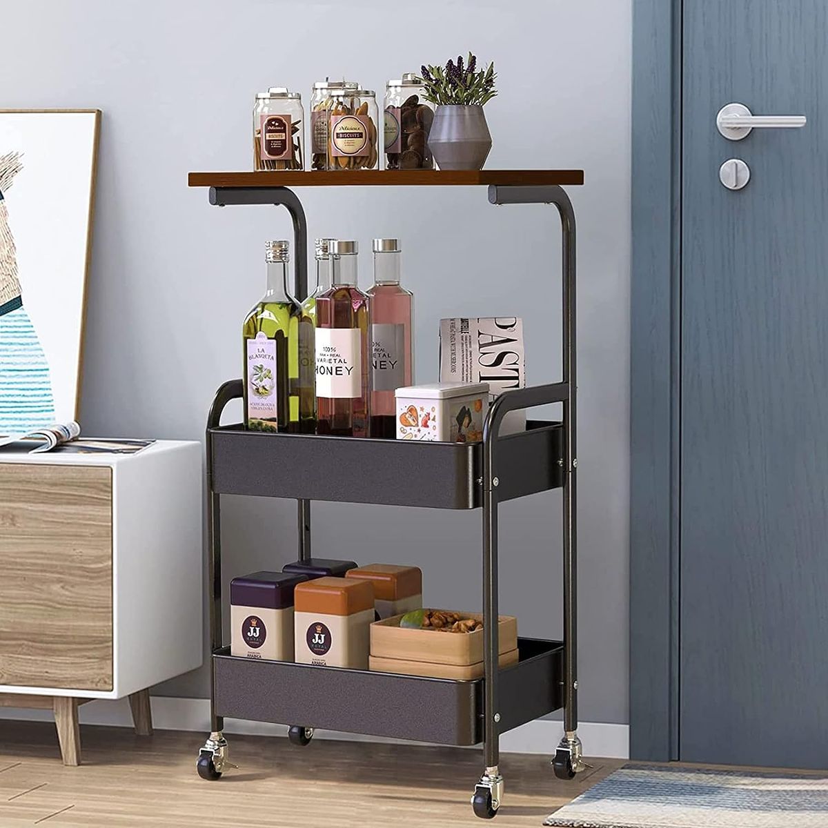 AIZO - Negro Carro Estante Organizador Multiuso Con 3 Niveles Y Ruedas