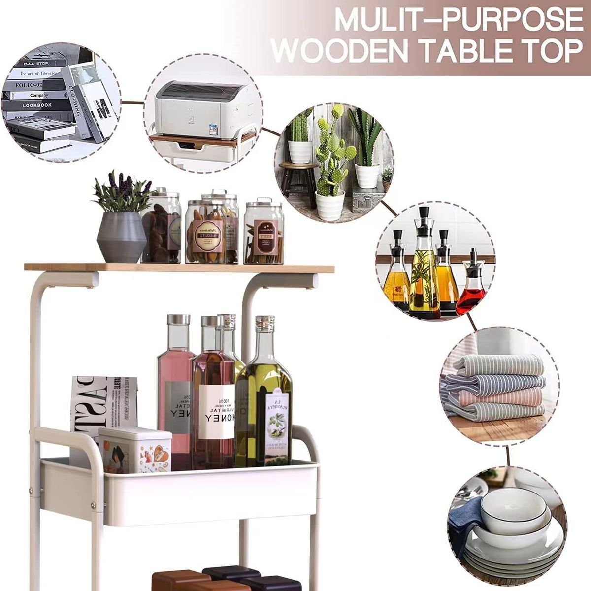 AIZO - Negro Carro Estante Organizador Multiuso Con 3 Niveles Y Ruedas