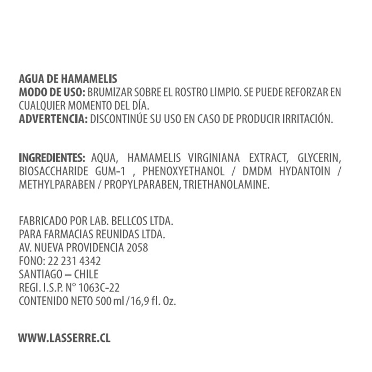 LASSERRE COSMETIQUE - Agua de Hamamelis 500 ml Lasserre Cosmétique
