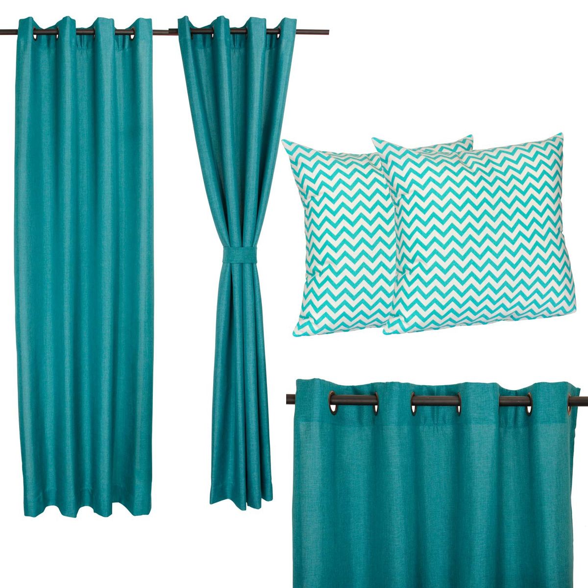 MASEL - Set Cortina Mati Turquesa 140x220 cm + 2 Cojines