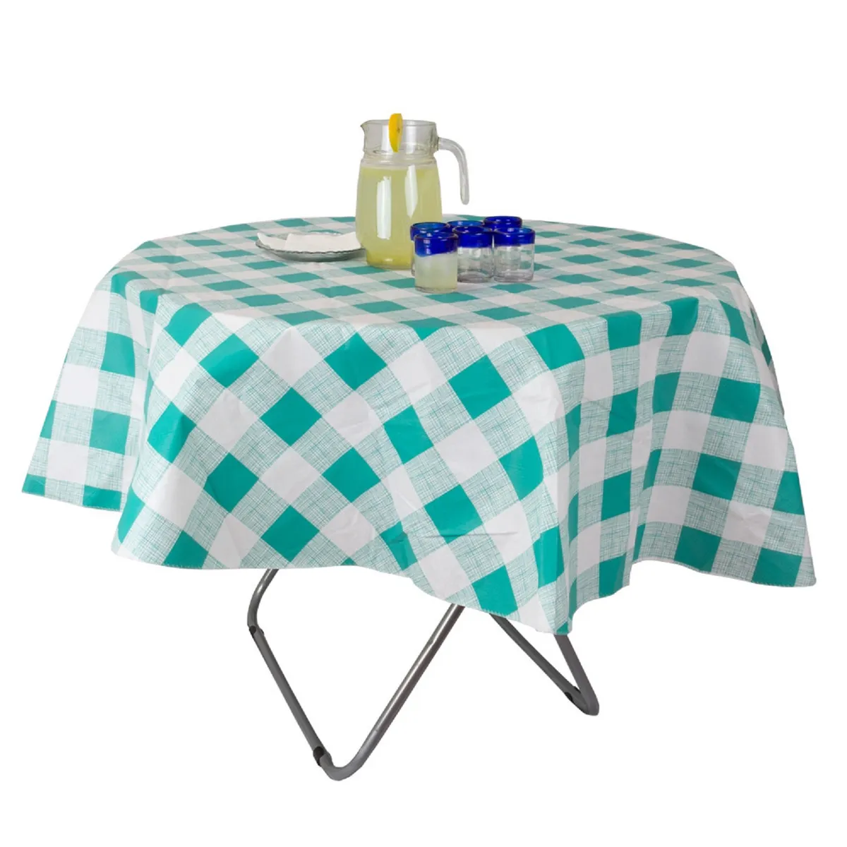 MASEL - Mantel PVC  Redondo 1,80 cm Cuadrille turquesa
