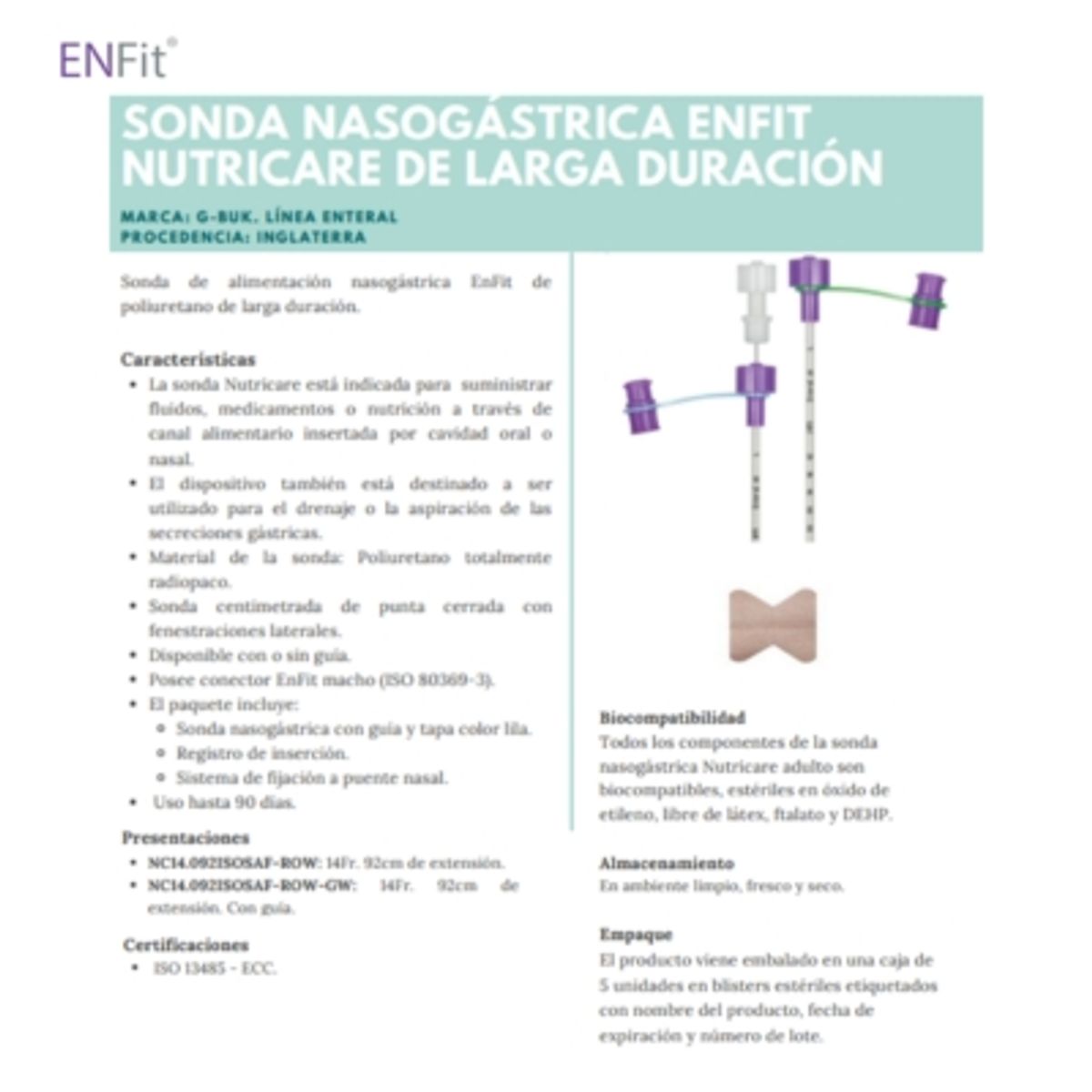 GENERICO - Sonda Nasogástrica Con Guía Alimentación Enteral ENFIT 14FR X 92CM