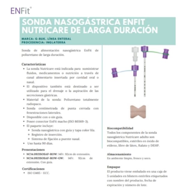 GENERICO - Sonda Nasogástrica Con Guía Alimentación Enteral ENFIT 14FR X 92CM