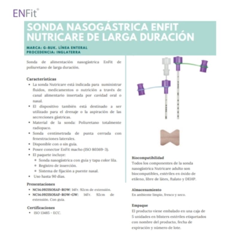GENERICO - Sonda Nasogástrica Con Guía Alimentación Enteral ENFIT 14FR X 92CM