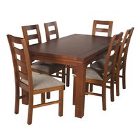 JUEGO DE COMEDOR AMELIA 6 SILLAS MADERA COLOR MIEL TAPIZ CAFE JASPEADO