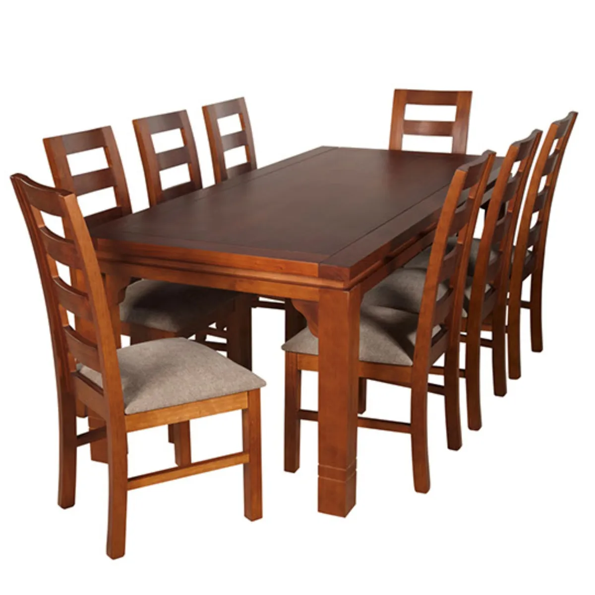 ARTHOME - JUEGO DE COMEDOR AMELIA 8 SILLAS MADERA COLOR MIEL TAPIZ CAFE JASPEADO