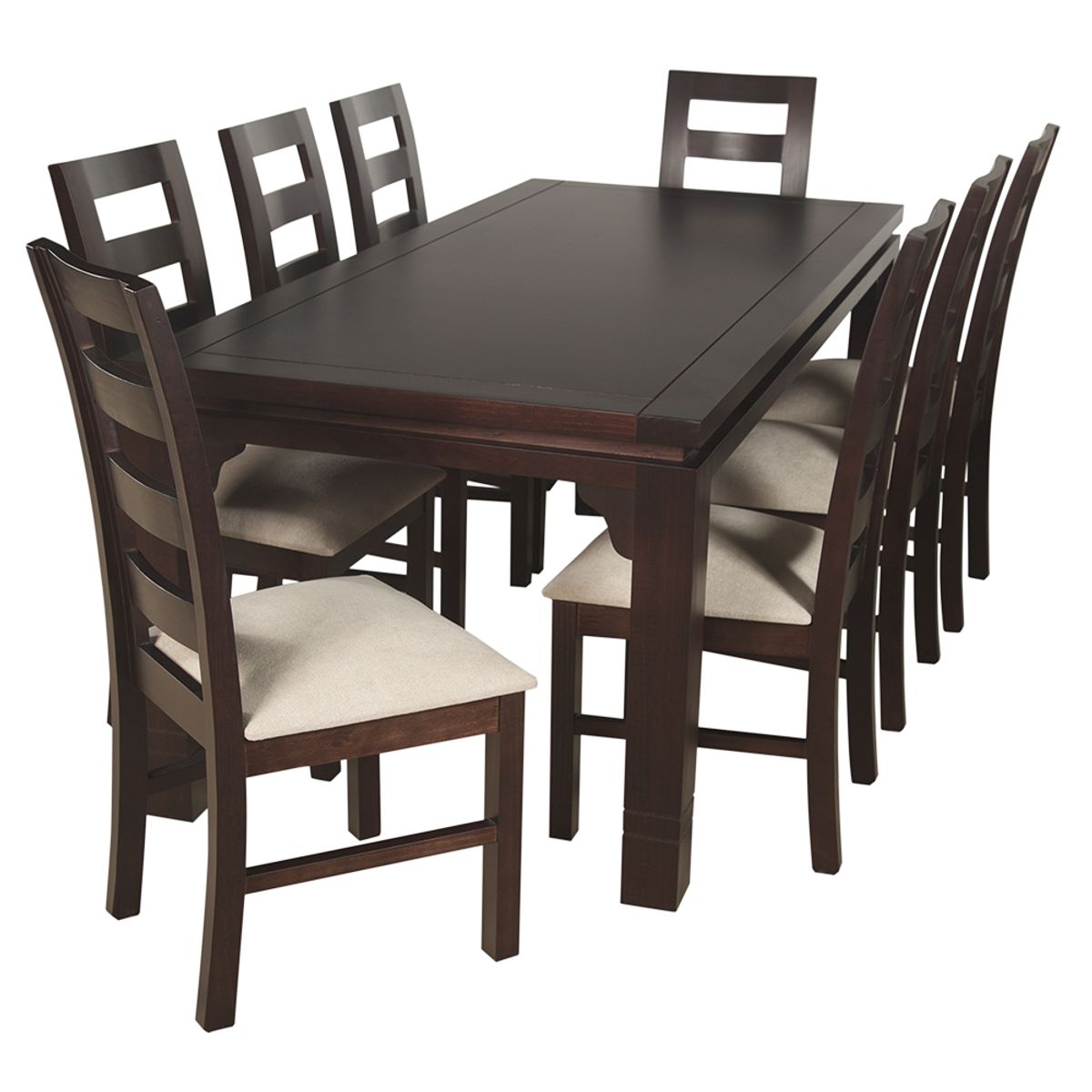 ARTHOME - JUEGO DE COMEDOR AMELIA 8 SILLAS COLOR CHOCOLATE TAPIZ BEIGE JASPEADO