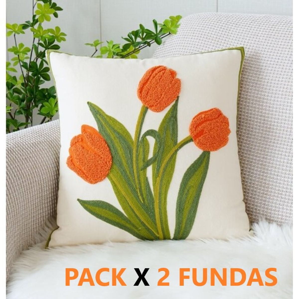GENERICO - Set X 2 Fundas para Cojín Bordado Tulipán Naranjo 45x45 cm