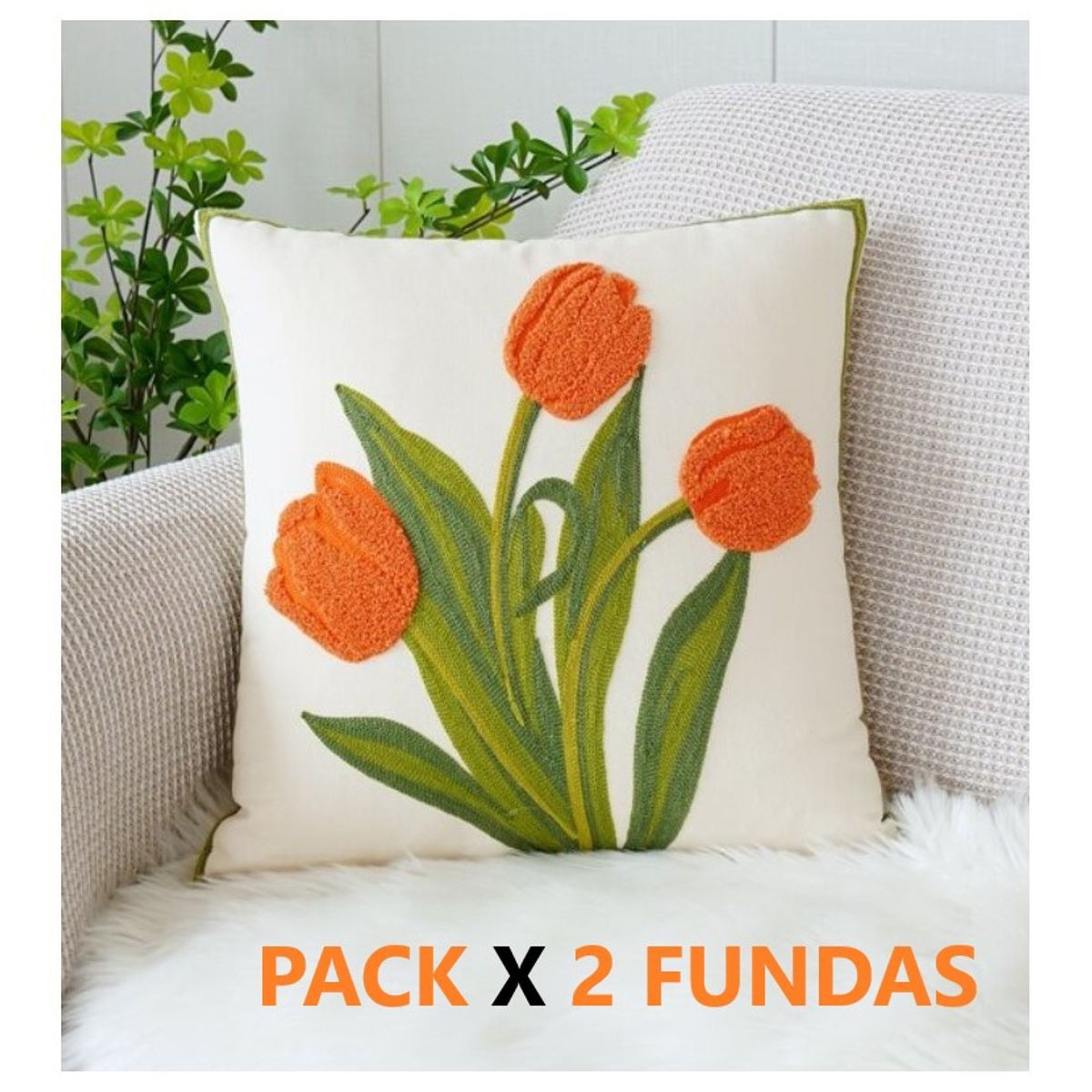 GENERICO - Set X 2 Fundas para Cojín Bordado Tulipán Naranjo 45x45 cm