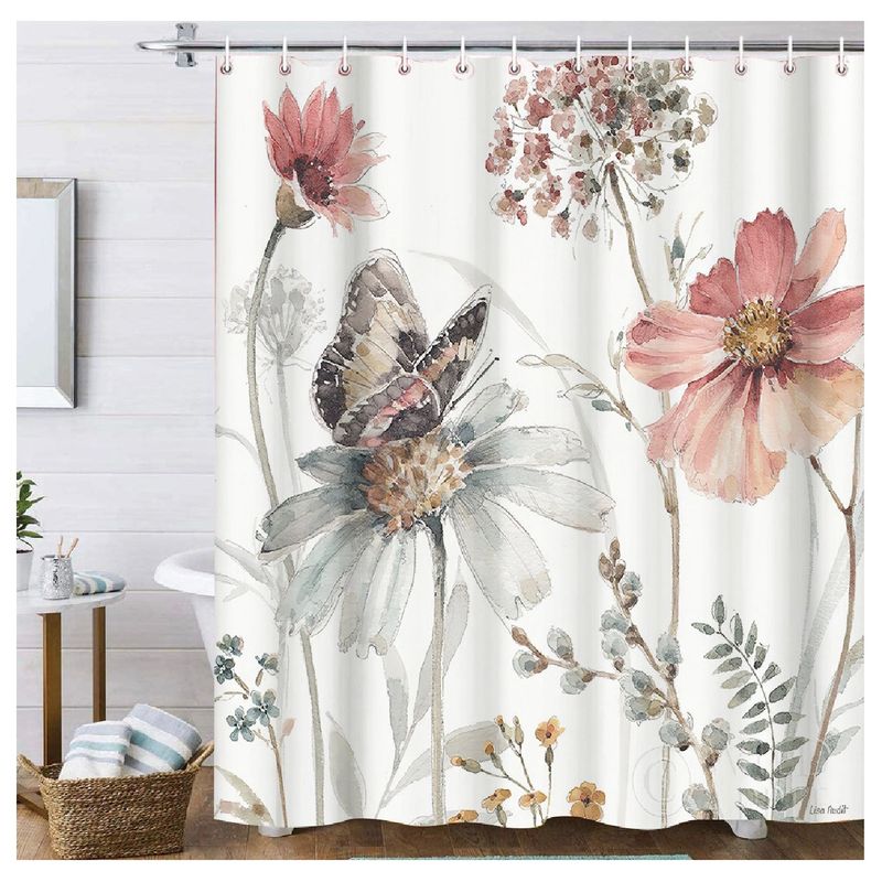 GENERICO - Cortina Baño Impermeable Flor Damasco más 12 Ganchos