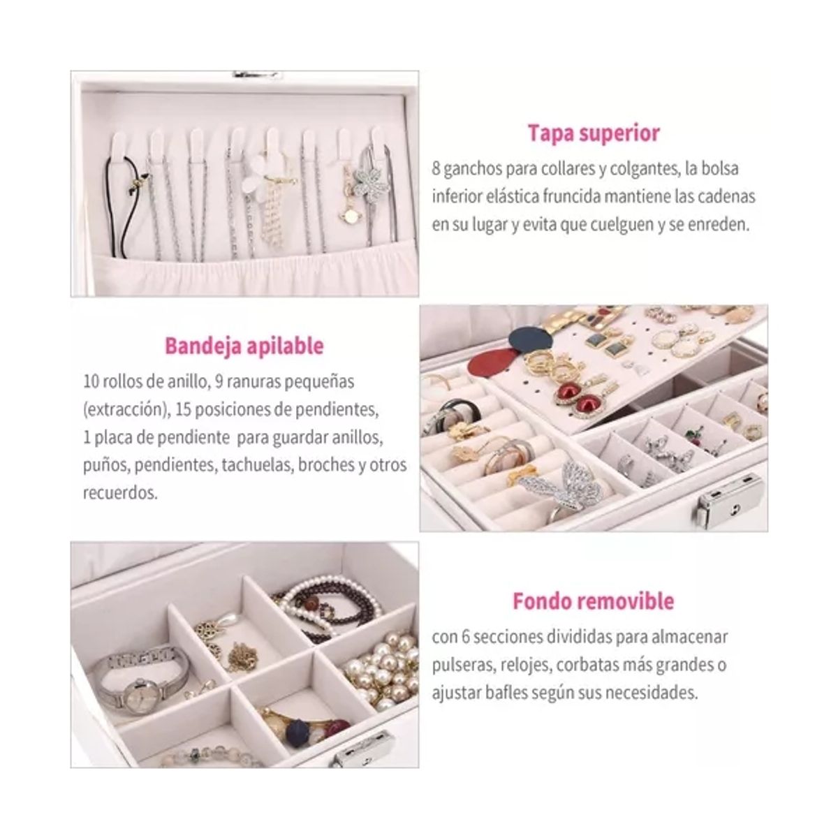 ZG JOYAS - Maletin Joyero Organizador De Joyas Rosa 2 Capas Exhibidor Blanco