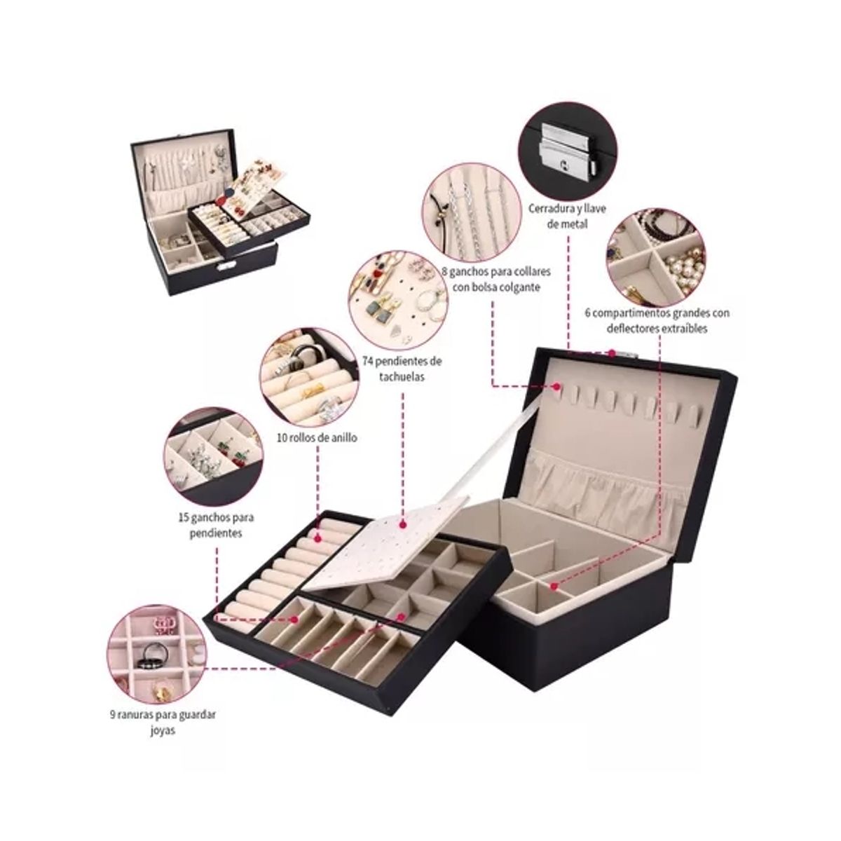 ZG JOYAS - Maletin Joyero Organizador De Joyas Rosa 2 Capas Exhibidor Negro
