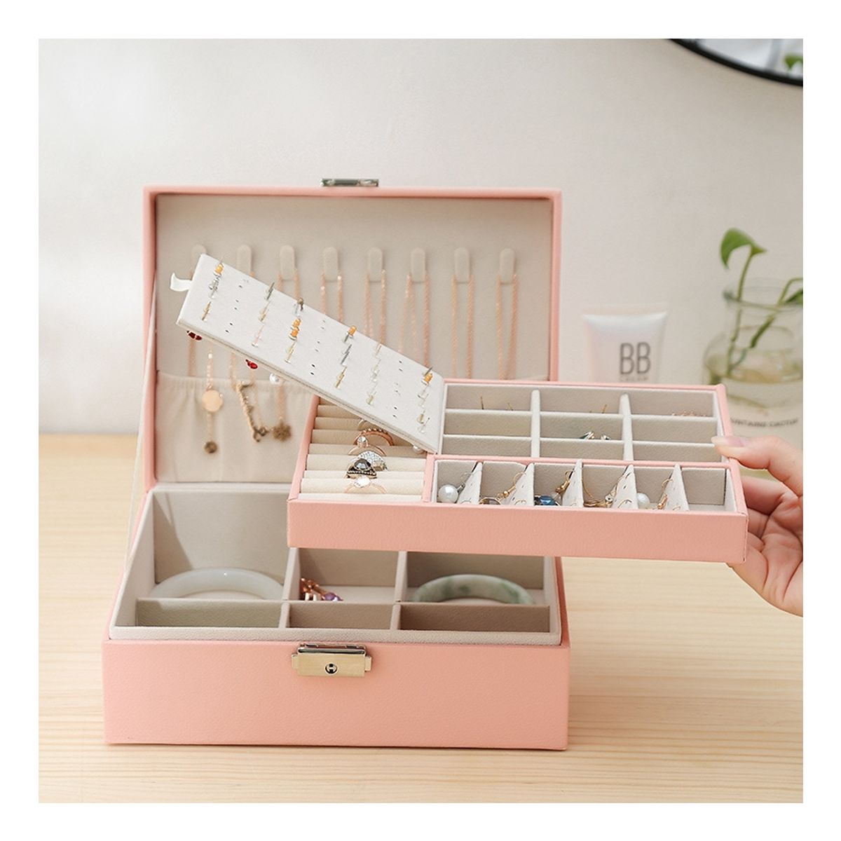 ZG JOYAS - Maletin Joyero Organizador De Joyas Rosa 2 Capas Exhibidor Rosado
