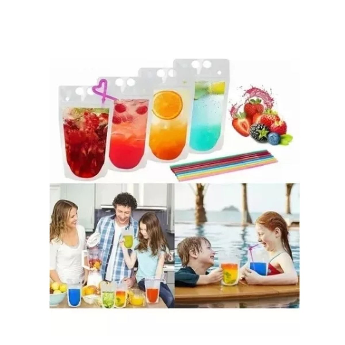 TNAKIEX - 100 Pcs Bolsa De Bebida Sellada Portátil De Asas Con Pajitas