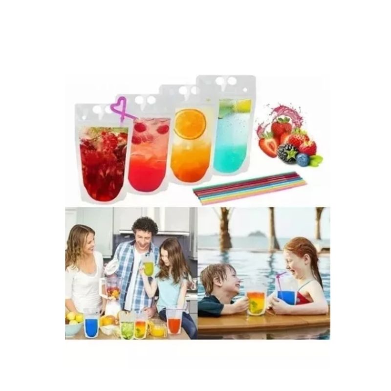 TNAKIEX - 100 Pcs Bolsa De Bebida Sellada Portátil De Asas Con Pajitas